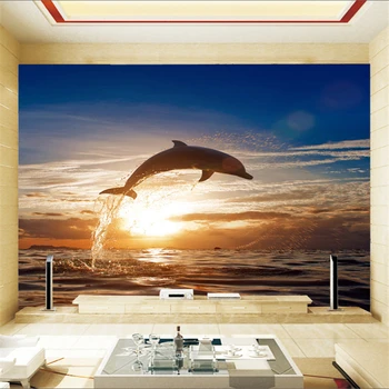 Beibehang Store brugerdefineret vægmaleri 3D wallpapers, tapet klistermærker delfiner der sprang op af havet sunrise landskab tilbage