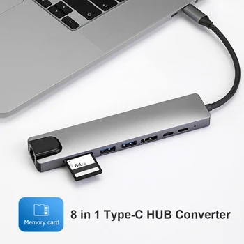 8-i-1-C-HUB Converter Splitter, HDMI 4K 2 USB3.0 USB-C PD SD/TF RJ45 Adapter til Bærbar PC