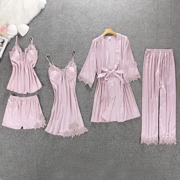 Pink 5 Pc ' Er Med Pad Sexy Lace Pyjamas Sæt Natkjole+Cardigan+Bukser Sæt Blonder Pijama For Kvinder