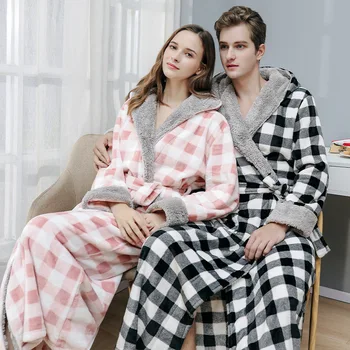 Fashion Par Plaid Gevandter, Morgenkåbe Blød Bælte Pyjamas Home Service Vinter Home Service Flannel Varm Kimono Kjole