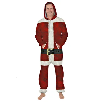Jul Cosplay Kostumer Santa Claus Red 3d Printet Hætteklædte Jumpsuits Rompers Sæt Mænd Fest Halloween Kostumer Til Voksne CS061