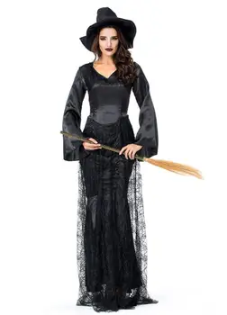 Sexy lace Heks Kostumer sexet Halloween heks, vampyr lange passer queen costume lange ærmer korte kjoler med hat A046