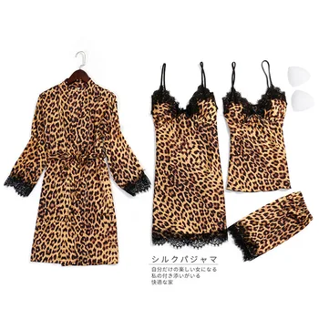 Sommeren Nye Stil Slynge Pyjamas Kvindelige Følelse Leopard Print Fire-stykke med Hjem Slid Kvinders Pyjamas Med Bryst Pad