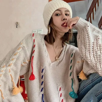 2020 Efterår og Vinter Kvinder trøjer Europa Løs Kvast Pullover Sweater Dyb V-Hals Sweater Kvinder