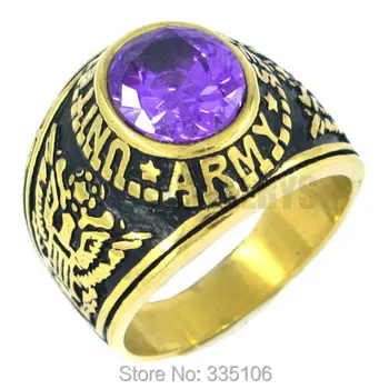 Gratis forsendelse! Guld United States Army Ring i Rustfrit Stål Smykker Violet Zircon Militær Ring Motor Biker Ring SWR0145