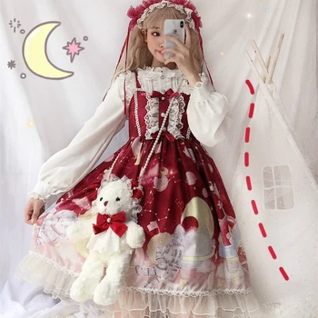 Lolita Kjole Sød Sød Japansk Kawaii Piger Prinsesse Stuepige Vintage Gotiske Trykte Mønstre Lace Pink Sommer Nederdel