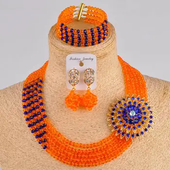 Mode crystal beaded halskæde smykker sæt Orange Og Royal Blå Afrikanske perler Nigerianske bryllup smykker tilbehør FF-17