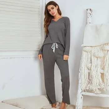 Efteråret Kvinder Pyjamas Sæt Mode Afslappet V-Hals Langærmet Ensfarvet Homewear To-Dragter Hot Salg