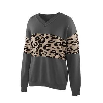 Kvinder Leopard Patchwork Sweater med V-hals Fuld Ærme Jumper Efterår og Vinter Fashion Damer Strikkede Pullovers Top Khaki Brun