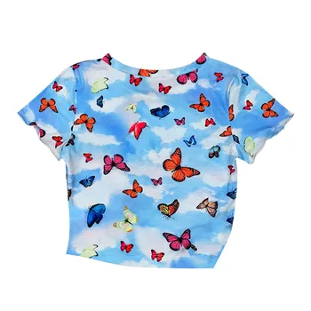 Kvinder Kortærmet O-Neck T-Shirt Harajuku Tie-Dye Sød Engel, Butterfly Kat Print Afgrøde Top Slim Fit Pullover Streetwear
