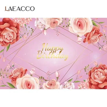 Laeacco Pink Foråret Blomster Foråret Guld Ramme Happy Birthday Party Plakat, Banner Portræt Fotografisk Baggrund Billede Som Baggrund