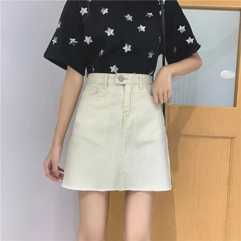 2020 Sommer Denim Nederdel Kvinder koreansk Mode A-line Høj Talje Mini Nederdele Kvinde med Lomme Skole Nederdele Sort