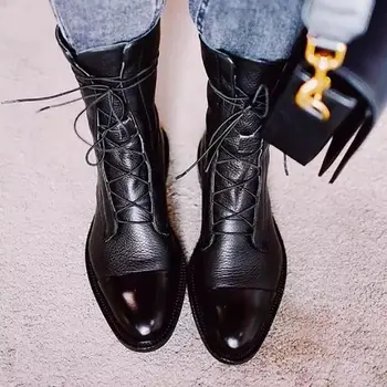 Kvinder flade sko ny mode på tværs-bundet damer, støvler vinter mid-kalv lace-up sko spids tå pu læder casual plus size boot