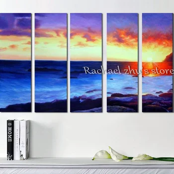 Hånd Malede 5 Panles Sea Beach Sunrise Landskab Oliemaleri På Lærred Landskab Væg Kunst Picturers For Living Room Home Decor