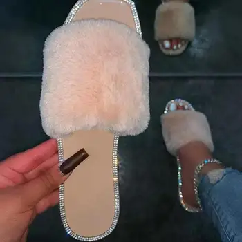 NYE Vinter 2021 Hjem Mode til Alle-Match Sandaler Furry Fladskærms Non-Slip Stor Størrelse Damer Candy Farve Tøfler Mujer Zapatillas Casa