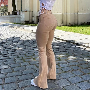 Vintage Basic Brown Denim Jeans Kvinder Streetwear Harajuku Strække Flare Pants Joggere Bomuld Bukser Mode 2021