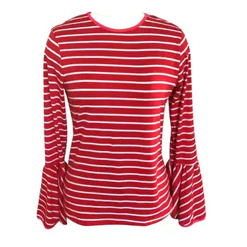 Nyligt 2017 Efteråret Mode Nye Kvinder T-shirt Trompet Lange Ærmer Rød / Hvid stribet T-shirt til Kvinder, Damer Toppe m99