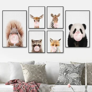 Panda Giraf, Zebra Egern Lyserød Boble Væg Kunst, Lærred Maleri Nordiske Plakater Og Prints Væg Billeder For At Stue Indretning