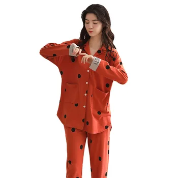 2020 bomuld pyjamas kvinder er sommer, forår og efterår lange ærmer set net red dejlige koreanske husholdning, tøj, nattøj robe