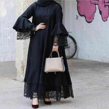 Muslimske Kvinder I Abaya Islamiske Maxi Kjole Blonder Patchwork Lang Kjole Flare Ærmet Part Tyrkisk Dubai Kjole Arabiske Jilbab Kaftan Mode