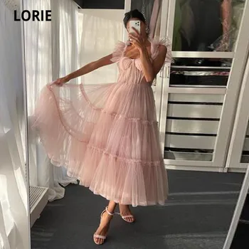 LORIE Elegant Prom Kjoler Kæreste Flæser A-Linje Tea Længde Udbening Pink Kendte Part Graduering Kjole robe fete femme