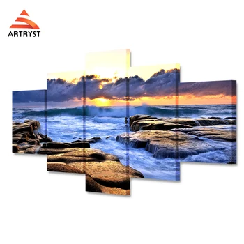 HD-Print-5 stykker af modulære lærred kunst plakat maleri solnedgang havvand rock landskab print på lærred, til stue væg kunst