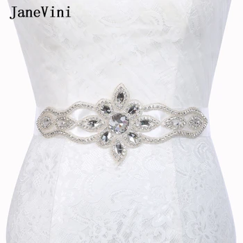 JaneVini Skinnende Krystal Bryllup Bælte Ramme Rhinestones Brude Bånd Bånd til Kjole Luksus Diamant Hvid Satin Bryllup Tilbehør