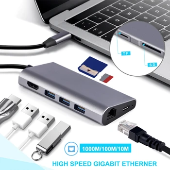 8-i-1 USB-C-HUB, Multiport Adapter HDMI-Udgang Gigabit Ethernet SD+Micro-SD-Kort Havne 3 USB-Porte til PC, Bærbar computer, Osv.