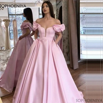 Pink Off Skulder Muslimske Aften Kjoler 2020 Satin Prom Kjole Dubai Kaftan Saudi-Arabisk Elegant Formel Kjole Robe De Soiree