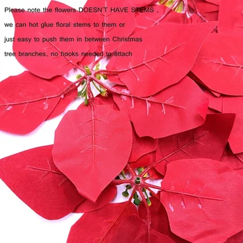 Kunstige Jule Blomster Rødt Fløjl Julestjerne Blomster Picks til Jul Krans Træ Ornamenter(24 Stk/Rød)