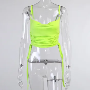 ALLNeon Y2K Mode Snor Neon Grøn Cami Toppen af 2000'erne Æstetik Cowl-Hals Ruched Backless Crop Tops Tøj Streetwear