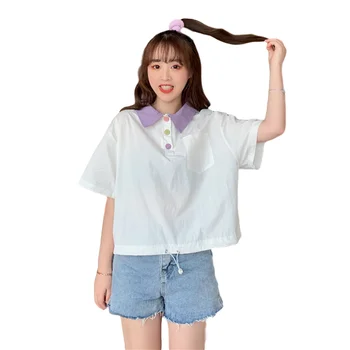 Sød Krave Kvinder Tee Regnbue-Knappen Hvide T-Shirts 2020 Sommeren Tumblr Crop Tops Koreanske Mode Stil Korte Ærmer Femme T-Shirt