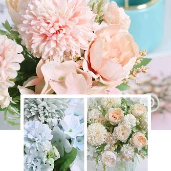 Hot SV-Kunstige Blomster, Falske Silke-Pæon Hortensia Buket Indretning Plast Nelliker Realistisk blomsterdekorationer til Bryllup Deco -