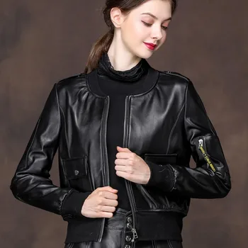 2020 Nye Kvinder Ægte Fåreskind Læder Bombefly Jakke Korte Style Moto Biker Kvindelige Læder Frakke Slim Fit Outwear Efteråret Jakke