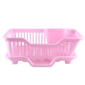 Miljømæssige Plast Skål Køkkenvask Drain Sæt Rack Vask Indehaveren Kurv Arrangør Bakke, Ca 17.5 x 9,5 x 7INCH (Pink)