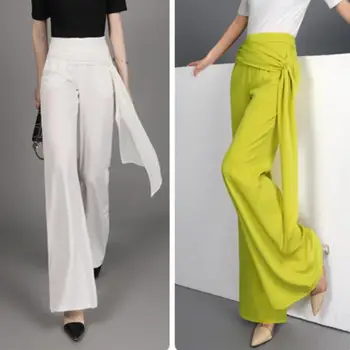 2020 Elegante kvinder sommeren Bred ben bukser elastisk høj talje chiffon bukser Casual streetwear mode