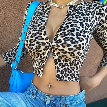 Leopard Kvinder T-Shirt med Lange Ærmer Crop Tops Y2K-Shirts Toppe Outfits-Knappen Tynde Sexet Sommer Tshirt Streetwear Efteråret Toppe