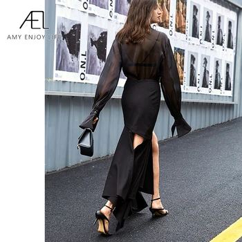AEL Asymmetri sort lang Fiskehale nederdel kvinder høj split sexet Antal Slids Nederdele flæsekanter 2020 Sommeren streetwear mode