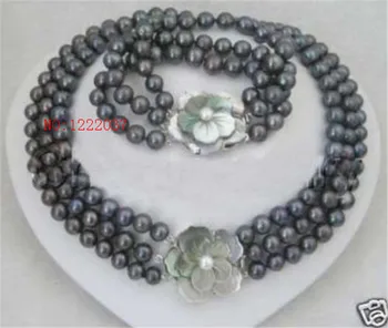 NYE Ædleste Naturlige ferskvands perler 3 rækker 7-8MM sort perle halskæde 18inches armbånd 8inches sæt