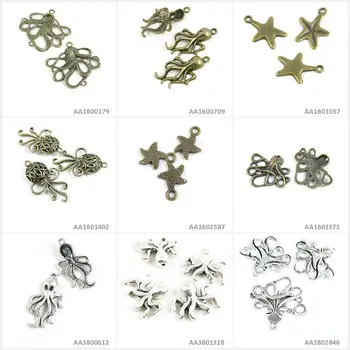 Antik Bronze-Sølv-Tone Smykker Charms Blæksprutte Søstjerner Sea Star Hule Stjerner Stik Armbånd, Vedhæng Perlebesat Håndværk At Gøre