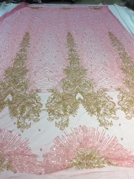 Fantastiske franske net stof med perler 5yd/masse limet glitter tyl blonde stof til brude kjole