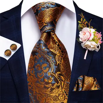 Hi-Tie Silke Herre Bryllup Uafgjort Guld sort Paisley Gave Slips For Mænd Mode Design, Kvalitet Hanky Manchetknapper Forretning Party