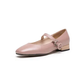 2019 nye ankomst firkantet tå lave hæle kortfattet kvinder pumper med spænde remmen prinsesse fe stil ægte læder clubwear sko L24