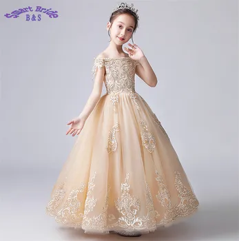 Romantiske Blomst Pige Kjole 2019 Nye Perle Dekoration Lange Blonde Kjole Flower Girl Party Dress FG01