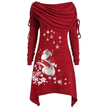 Kvinders Plus Size Bluse med Lange Ærmer Santa Claus Snefnug Tunika Top Print Plisserede Krave Plisserede Uregelmæssige Lang Talje-Coat