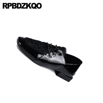 2019 black pumper firkantet tå patent læder snøre mode tykke luksus mærke sko kvinder chunky designer efteråret lave hæle blok