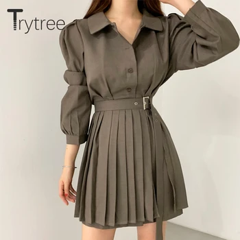 Trytree 2020 Efteråret To Stykke Kvinder Sætter Fast Casual Mini-Shirt Kjole + Plisseret Nederdel, Bælte A-linje Kontor Dame Sæt 2 delt Sæt