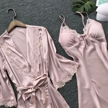 2019 nye kvinder nattøj om sommeren robe & kjole sæt pink polstret nightdress + morgenkåbe to stykker kvindelige sexet nattøj rød grå 986