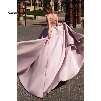 Satin Bolden Kjole Prom Dress 2021 Robe de soiree Lace applique Blomst Pink Elegant Kjole til Aften i Lang Part Kjole til Galla Kjole
