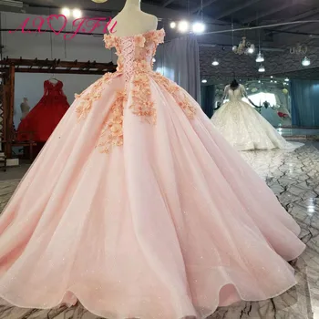 AXJFU luksus prinsesse perlebesat perler blå blomst blonder, håndlavede båd hals illusion brud pink rose wedding dress ægte billeder